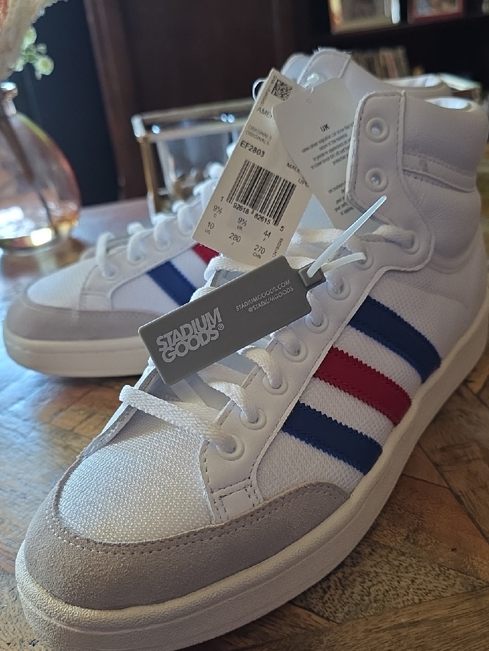 adidas High-Top Sneakers in White with Red & Blue Stripes